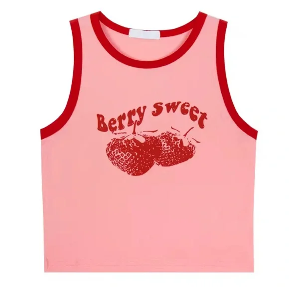 NWT Tank Top Berry Sweet Large Vintage 90s CropTop Sleeveless Retro Y2K Pink/Red - Picture 2 of 3